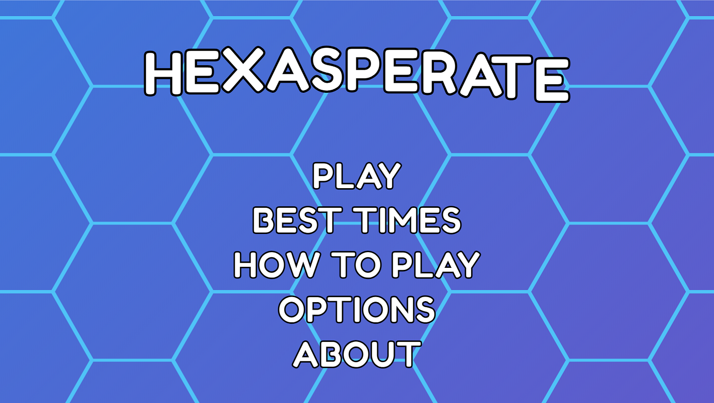 Hexasperate title screen with choices: Play, Best Times, How to Play, Options, About
